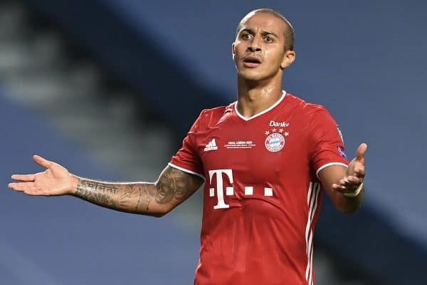 LISBON, PORTUGAL - Sunday, August 23, 2020: FC Bayern Munich's Thiago Alca?ntara during the UEFA Champions League Final between FC Bayern Munich and Paris Saint-Germain at the Estadio do Sport Lisboa e Benfica. (Credit: ©UEFA)