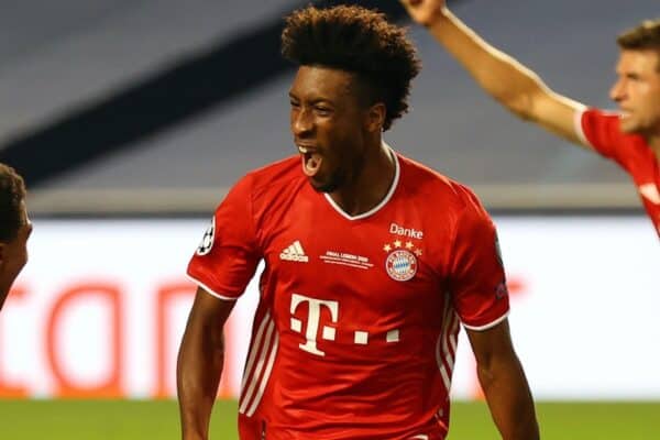 LISBON, PORTUGAL - Sunday, August 23, 2020: FC Bayern Munich's Kingsley Coman celebrates scoring the first goal during the UEFA Champions League Final between FC Bayern Munich and Paris Saint-Germain at the Estadio do Sport Lisboa e Benfica. (Credit: ©UEFA)