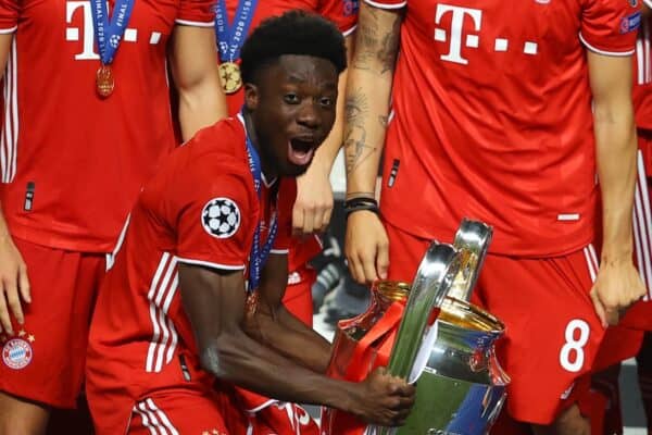 LISBON, PORTUGAL - Sunday, August 23, 2020: FC Bayern Munich's Alphonso Davies lifts the European Cup trophy as Bayern win it for the sixth time after the UEFA Champions League Final between FC Bayern Munich and Paris Saint-Germain at the Estadio do Sport Lisboa e Benfica. FC Bayern Munich won 1-0. (Credit: ©UEFA)