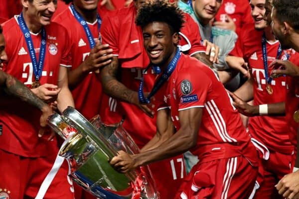 LISBON, PORTUGAL - Sunday, August 23, 2020: FC Bayern Munich's match-winning goal-scorer Kingsley Coman lifts the European Cup trophy as Bayern win it for the sixth time after the UEFA Champions League Final between FC Bayern Munich and Paris Saint-Germain at the Estadio do Sport Lisboa e Benfica. FC Bayern Munich won 1-0. (Credit: ©UEFA)