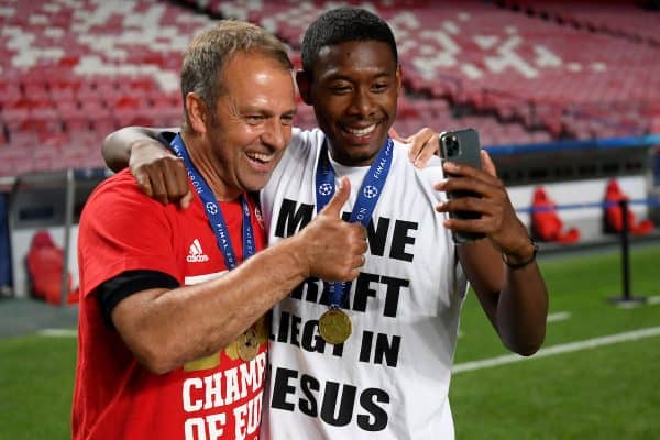 LISBON, PORTUGAL - Sunday, August 23, 2020: FC Bayern Munich’s head coach Hans-Dieter Flick (L) and David Alaba after the UEFA Champions League Final between FC Bayern Munich and Paris Saint-Germain at the Estadio do Sport Lisboa e Benfica. FC Bayern Munich won 1-0. (Credit: ©UEFA)