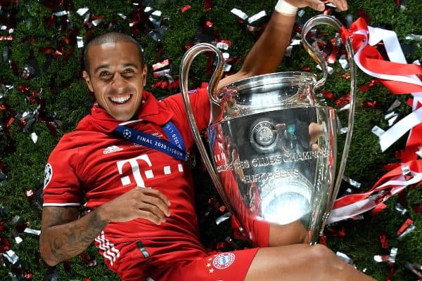 LISBON, PORTUGAL - Sunday, August 23, 2020: FC Bayern Munich’s Thiago Alcantara celebrates with the European Cup trophy as Bayern win it for the sixth time after the UEFA Champions League Final between FC Bayern Munich and Paris Saint-Germain at the Estadio do Sport Lisboa e Benfica. FC Bayern Munich won 1-0. (Credit: ©UEFA)