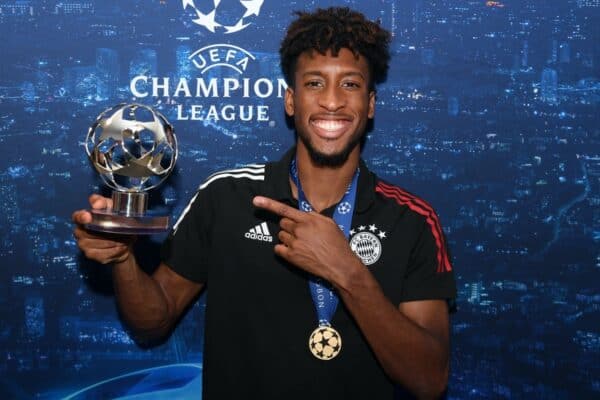 LISBON, PORTUGAL - Sunday, August 23, 2020: FC Bayern Munich’s Kingsley Coman with the man-of-the-match award after the UEFA Champions League Final between FC Bayern Munich and Paris Saint-Germain at the Estadio do Sport Lisboa e Benfica. FC Bayern Munich won 1-0. (Credit: ©UEFA)