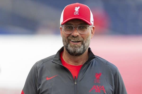 SALZBURG, AUSTRIA - Tuesday, August 25, 2020: Liverpool's manager Jürgen Klopp is interviewed by LFC.TV before a preseason friendly match between FC Red Bull Salzburg and Liverpool FC at the Red Bull Arena. (Pic by Propaganda)