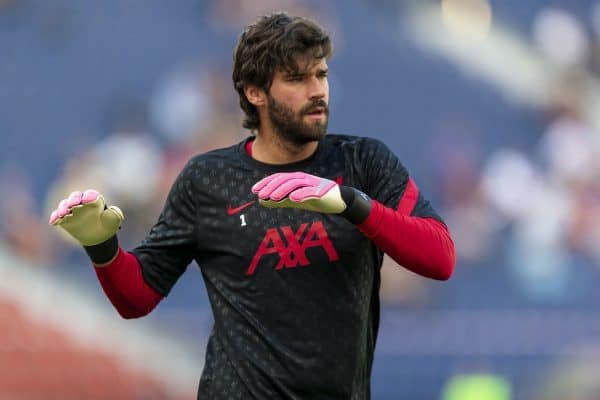 SALZBURG, AUSTRIA - Tuesday, August 25, 2020: Liverpool's goalkeeper Alisson Becker during the pre-match warm-up before a preseason friendly match between FC Red Bull Salzburg and Liverpool FC at the Red Bull Arena. (Pic by Propaganda)