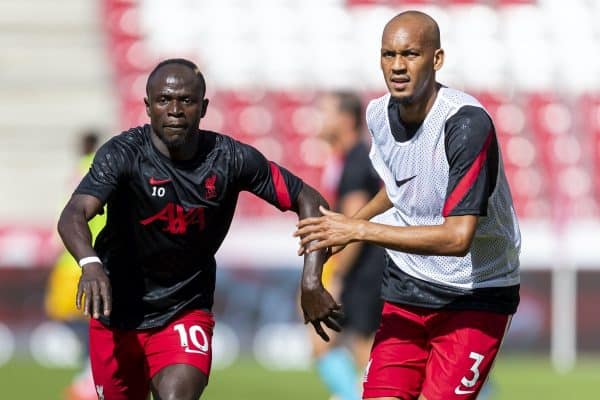 SALZBURG, AUSTRIA - Tuesday, August 25, 2020: Liverpool's Sadio Mané (L) and Fabio Henrique Tavares 'Fabinho' during the pre-match warm-up before a preseason friendly match between FC Red Bull Salzburg and Liverpool FC at the Red Bull Arena. (Pic by Propaganda)