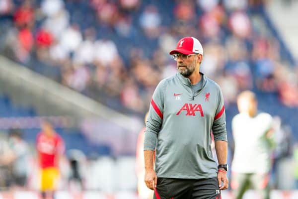 SALZBURG, AUSTRIA - Tuesday, August 25, 2020: Liverpool's manager Jürgen Klopp during the pre-match warm-up before a preseason friendly match between FC Red Bull Salzburg and Liverpool FC at the Red Bull Arena. (Pic by Propaganda)