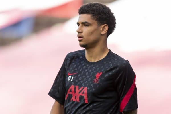 SALZBURG, AUSTRIA - Tuesday, August 25, 2020: Liverpool's Ki-Jana Hoever during the pre-match warm-up before a preseason friendly match between FC Red Bull Salzburg and Liverpool FC at the Red Bull Arena. (Pic by Propaganda)