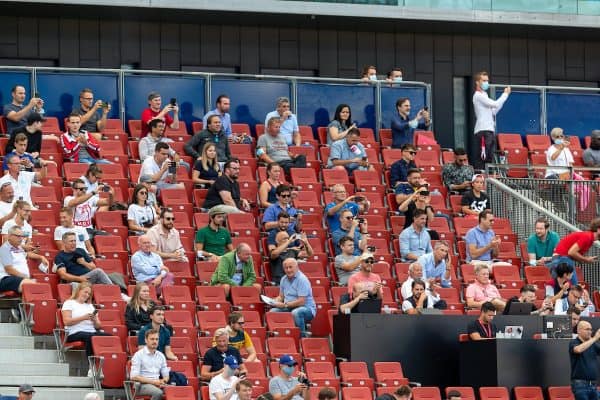 SALZBURG, AUSTRIA - Tuesday, August 25, 2020: Some of the 1,250 supporters allowed into the stadium look on during a preseason friendly match between FC Red Bull Salzburg and Liverpool FC at the Red Bull Arena. (Pic by Propaganda)