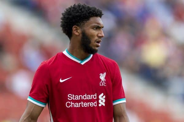 SALZBURG, AUSTRIA - Tuesday, August 25, 2020: Liverpool's Joe Gomez during a preseason friendly match between FC Red Bull Salzburg and Liverpool FC at the Red Bull Arena. (Pic by Propaganda)