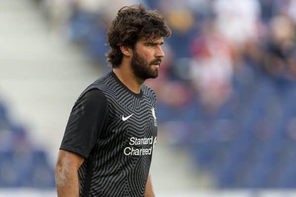 SALZBURG, AUSTRIA - Tuesday, August 25, 2020: Liverpool's goalkeeper Alisson Becker during a preseason friendly match between FC Red Bull Salzburg and Liverpool FC at the Red Bull Arena. (Pic by Propaganda)