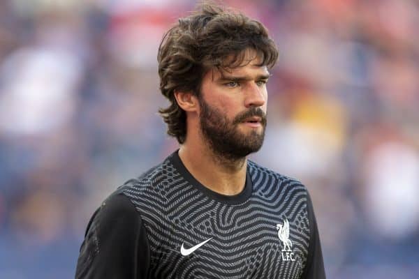 SALZBURG, AUSTRIA - Tuesday, August 25, 2020: Liverpool's goalkeeper Alisson Becker during a preseason friendly match between FC Red Bull Salzburg and Liverpool FC at the Red Bull Arena. (Pic by Propaganda)