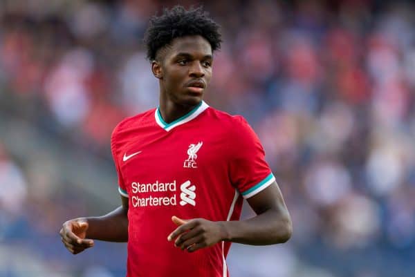 SALZBURG, AUSTRIA - Tuesday, August 25, 2020: Liverpool's substitute Billy Koumetio during a preseason friendly match between FC Red Bull Salzburg and Liverpool FC at the Red Bull Arena. (Pic by Propaganda)