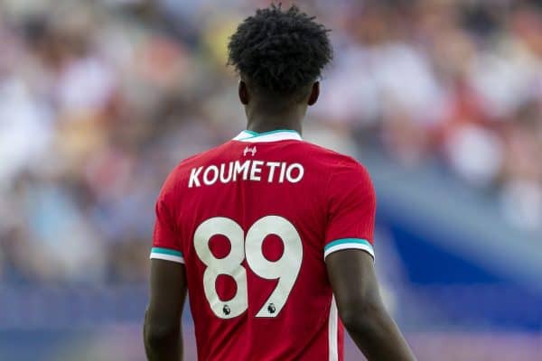 SALZBURG, AUSTRIA - Tuesday, August 25, 2020: Liverpool's substitute Billy Koumetio during a preseason friendly match between FC Red Bull Salzburg and Liverpool FC at the Red Bull Arena. (Pic by Propaganda)