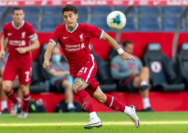 SALZBURG, AUSTRIA - Tuesday, August 25, 2020: Liverpool's substitute Kostas Tsimikas during a preseason friendly match between FC Red Bull Salzburg and Liverpool FC at the Red Bull Arena. (Pic by Propaganda)