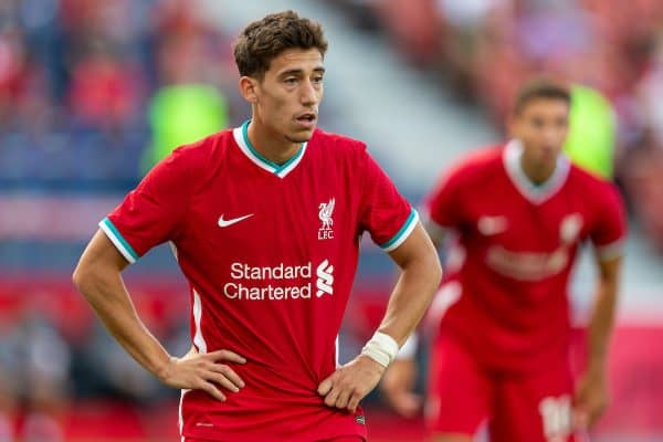 SALZBURG, AUSTRIA - Tuesday, August 25, 2020: Liverpool's substitute Kostas Tsimikas during a preseason friendly match between FC Red Bull Salzburg and Liverpool FC at the Red Bull Arena. (Pic by Propaganda)