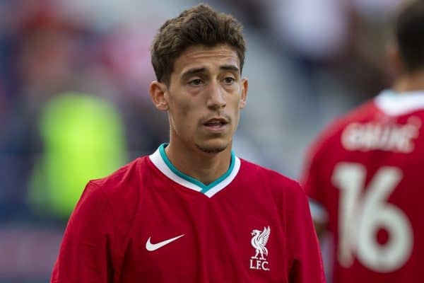 SALZBURG, AUSTRIA - Tuesday, August 25, 2020: Liverpool's substitute Kostas Tsimikas during a preseason friendly match between FC Red Bull Salzburg and Liverpool FC at the Red Bull Arena. (Pic by Propaganda)