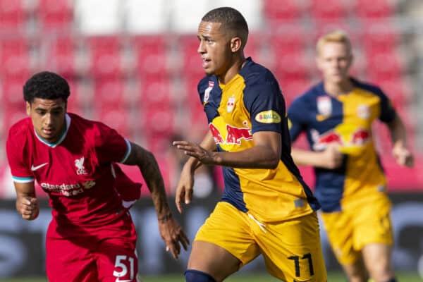 SALZBURG, AUSTRIA - Tuesday, August 25, 2020: FC Red Bull Salzburg's Noah Okafor during a preseason friendly match between FC Red Bull Salzburg and Liverpool FC at the Red Bull Arena. (Pic by Propaganda)