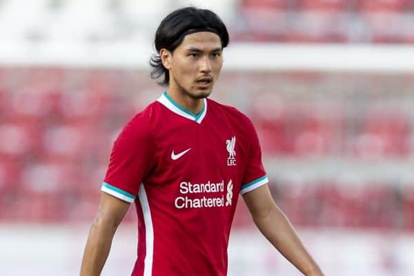 SALZBURG, AUSTRIA - Tuesday, August 25, 2020: Liverpool's Takumi Minamino during a preseason friendly match between FC Red Bull Salzburg and Liverpool FC at the Red Bull Arena. (Pic by Propaganda)