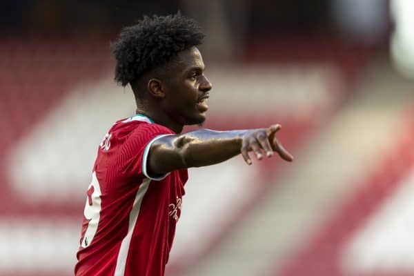 SALZBURG, AUSTRIA - Tuesday, August 25, 2020: Liverpool's substitute Billy Koumetio during a preseason friendly match between FC Red Bull Salzburg and Liverpool FC at the Red Bull Arena. (Pic by Propaganda)