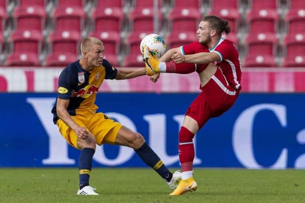 SALZBURG, AUSTRIA - Tuesday, August 25, 2020: Liverpool's Harvey Elliott (R) and FC Red Bull Salzburg's Nicolas Seiwald during a preseason friendly match between FC Red Bull Salzburg and Liverpool FC at the Red Bull Arena. (Pic by Propaganda)