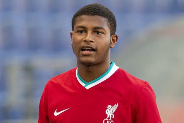 SALZBURG, AUSTRIA - Tuesday, August 25, 2020: Liverpool's two goal-scorer Rhian Brewster is interviewed by LFC.TV after a preseason friendly match between FC Red Bull Salzburg and Liverpool FC at the Red Bull Arena. (Pic by Propaganda)