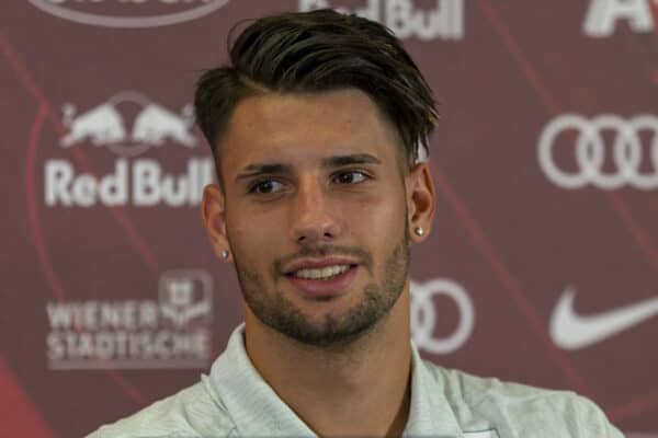 SALZBURG, AUSTRIA - Tuesday, August 25, 2020: FC Red Bull Salzburg's Dominik Szoboszlai during a post-match press conference after a preseason friendly match between FC Red Bull Salzburg and Liverpool FC at the Red Bull Arena. (Pic by Propaganda)