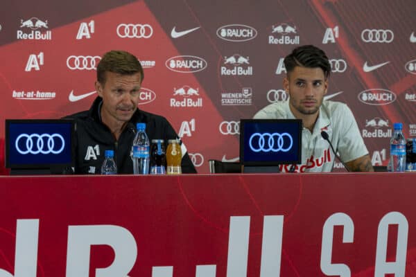 SALZBURG, AUSTRIA - Tuesday, August 25, 2020: FC Red Bull Salzburg's head coach Jesse Marsch (C), Dominik Szoboszlai (R) and press officer Christian Kircher (L) during a post-match press conference after a preseason friendly match between FC Red Bull Salzburg and Liverpool FC at the Red Bull Arena. (Pic by Propaganda)