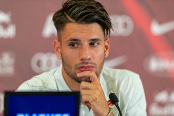 SALZBURG, AUSTRIA - Tuesday, August 25, 2020: FC Red Bull Salzburg's Dominik Szoboszlai during a post-match press conference after a preseason friendly match between FC Red Bull Salzburg and Liverpool FC at the Red Bull Arena. (Pic by Propaganda)