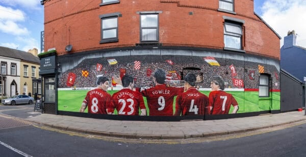 LIVERPOOL, ENGLAND - Saturday, August 29, 2020: A new street art mural of Liverpool FC players Steven Gerrard, Jamie Carragher, Robbie Fowler, Virgil van Dijk and Kenny Dalglish. The mural was created by Murwalls on the side of the Arc Hotel near Liverpool FC's Anfield Stadium. (Pic by Propaganda)