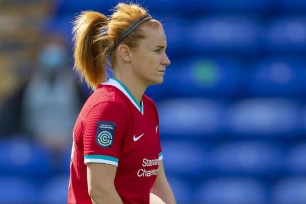 BIRKENHEAD, ENGLAND - Sunday, September 6, 2020: Liverpool’s Rachel Furness kneels down (takes a knee) in support of the Black Lives Matter movement before the FA Women’s Championship game between Liverpool FC Women and Durham Women FC at Prenton Park. (Pic by Paul Greenwood/Propaganda)