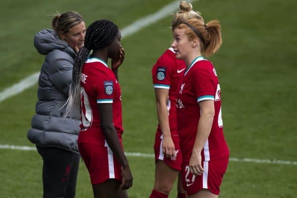 BIRKENHEAD, ENGLAND - Sunday, September 6, 2020: Liverpool’s Rinsola Babajide (L) and Rachel Furness during the FA Women’s Championship game between Liverpool FC Women and Durham Women FC at Prenton Park. (Pic by Paul Greenwood/Propaganda)