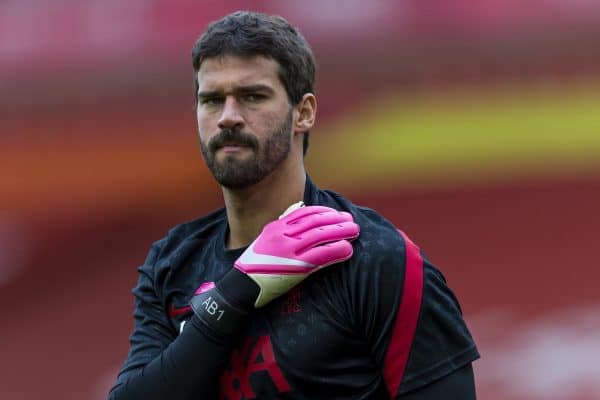 LIVERPOOL, ENGLAND - Saturday, September 12, 2020: Liverpool’s goalkeeper Alisson Becker during the pre-match warm-up before the opening FA Premier League match between Liverpool FC and Leeds United FC at Anfield. The game was played behind closed doors due to the UK government’s social distancing laws during the Coronavirus COVID-19 Pandemic. Liverpool won 4-3. (Pic by David Rawcliffe/Propaganda)