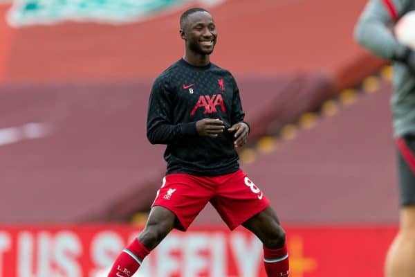 LIVERPOOL, ENGLAND - Saturday, September 12, 2020: Liverpool’s Naby Keita during the pre-match warm-up before the opening FA Premier League match between Liverpool FC and Leeds United FC at Anfield. The game was played behind closed doors due to the UK government’s social distancing laws during the Coronavirus COVID-19 Pandemic. Liverpool won 4-3. (Pic by David Rawcliffe/Propaganda)