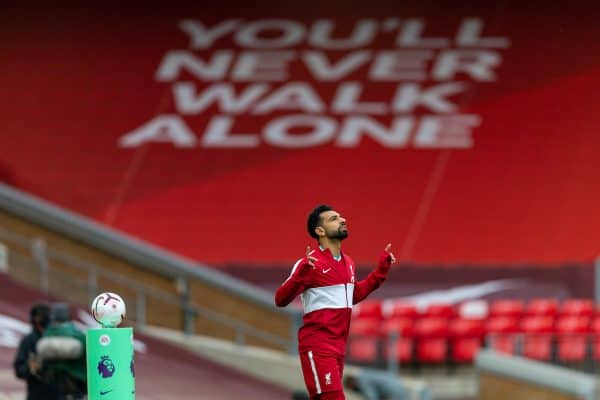 LIVERPOOL, ENGLAND - Saturday, September 12, 2020: Liverpool’s Mohamed Salah, wearing an anthem jacket, before the opening FA Premier League match between Liverpool FC and Leeds United FC at Anfield. The game was played behind closed doors due to the UK government’s social distancing laws during the Coronavirus COVID-19 Pandemic. Liverpool won 4-3. (Pic by David Rawcliffe/Propaganda)