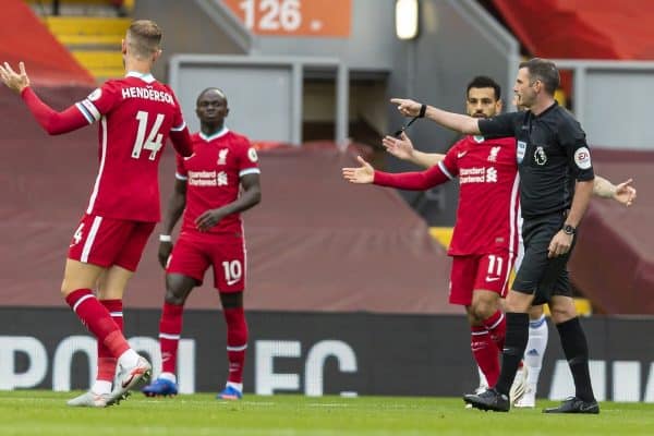 LIVERPOOL, ENGLAND - Saturday, September 12, 2020: Referee Michael Oliver awards Liverpool a penalty in the third minute during the opening FA Premier League match between Liverpool FC and Leeds United FC at Anfield. The game was played behind closed doors due to the UK government’s social distancing laws during the Coronavirus COVID-19 Pandemic. Liverpool won 4-3. (Pic by David Rawcliffe/Propaganda)