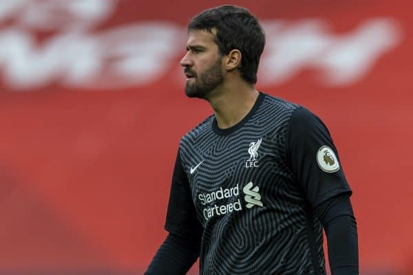 LIVERPOOL, ENGLAND - Saturday, September 12, 2020: Liverpool’s goalkeeper Alisson Becker during the opening FA Premier League match between Liverpool FC and Leeds United FC at Anfield. The game was played behind closed doors due to the UK government’s social distancing laws during the Coronavirus COVID-19 Pandemic. Liverpool won 4-3. (Pic by David Rawcliffe/Propaganda)