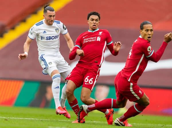 LIVERPOOL, ENGLAND - Saturday, September 12, 2020: Leeds United's Jack Harrison scores the first equalising goal to level the score at 1-1 during the opening FA Premier League match between Liverpool FC and Leeds United FC at Anfield. The game was played behind closed doors due to the UK government’s social distancing laws during the Coronavirus COVID-19 Pandemic. Liverpool won 4-3. (Pic by David Rawcliffe/Propaganda)