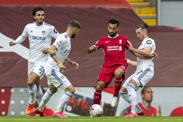 LIVERPOOL, ENGLAND - Saturday, September 12, 2020: Liverpool’s Mohamed Salah during the opening FA Premier League match between Liverpool FC and Leeds United FC at Anfield. The game was played behind closed doors due to the UK government’s social distancing laws during the Coronavirus COVID-19 Pandemic. Liverpool won 4-3. (Pic by David Rawcliffe/Propaganda)