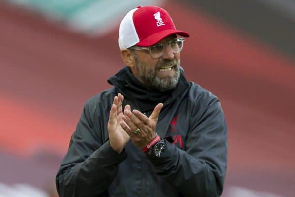 LIVERPOOL, ENGLAND - Saturday, September 12, 2020: Liverpool’s manager Jürgen Klopp during the opening FA Premier League match between Liverpool FC and Leeds United FC at Anfield. The game was played behind closed doors due to the UK government’s social distancing laws during the Coronavirus COVID-19 Pandemic. (Pic by David Rawcliffe/Propaganda)