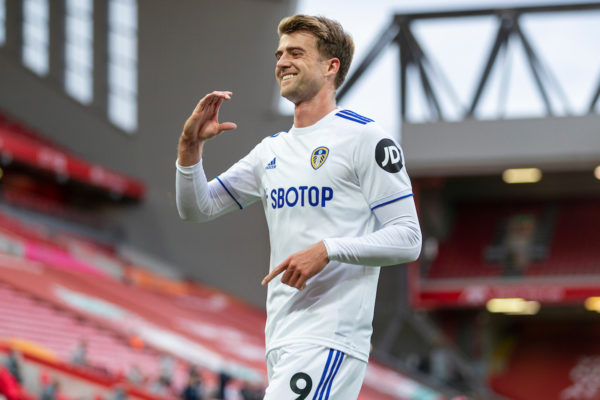 LIVERPOOL, ENGLAND - Saturday, September 12, 2020: Leeds United's Patrick Bamford celebrates after scoring the second equalising goal to level the score 2-2 during the opening FA Premier League match between Liverpool FC and Leeds United FC at Anfield. The game was played behind closed doors due to the UK government’s social distancing laws during the Coronavirus COVID-19 Pandemic. Liverpool won 4-3. (Pic by David Rawcliffe/Propaganda)