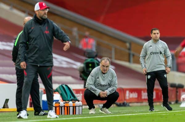 LIVERPOOL, ENGLAND - Saturday, September 12, 2020: Leeds United's manager Marcelo Bielsa during the opening FA Premier League match between Liverpool FC and Leeds United FC at Anfield. The game was played behind closed doors due to the UK government’s social distancing laws during the Coronavirus COVID-19 Pandemic. Liverpool won 4-3. (Pic by David Rawcliffe/Propaganda)