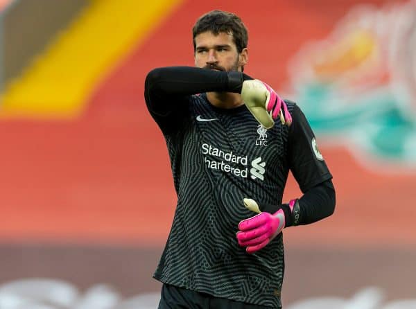 LIVERPOOL, ENGLAND - Saturday, September 12, 2020: Liverpool’s goalkeeper Alisson Becker during the opening FA Premier League match between Liverpool FC and Leeds United FC at Anfield. The game was played behind closed doors due to the UK government’s social distancing laws during the Coronavirus COVID-19 Pandemic. Liverpool won 4-3. (Pic by David Rawcliffe/Propaganda)