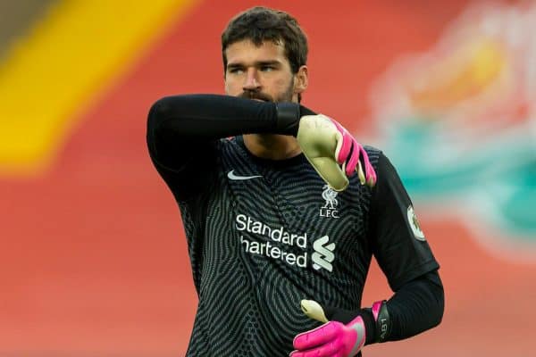 LIVERPOOL, ENGLAND - Saturday, September 12, 2020: Liverpool’s goalkeeper Alisson Becker during the opening FA Premier League match between Liverpool FC and Leeds United FC at Anfield. The game was played behind closed doors due to the UK government’s social distancing laws during the Coronavirus COVID-19 Pandemic. Liverpool won 4-3. (Pic by David Rawcliffe/Propaganda)