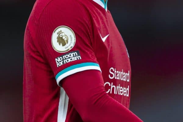 LIVERPOOL, ENGLAND - Saturday, September 12, 2020: Liverpool’s Virgil van Dijk, weraring a "No Room for Racism" badge during the opening FA Premier League match between Liverpool FC and Leeds United FC at Anfield. The game was played behind closed doors due to the UK government’s social distancing laws during the Coronavirus COVID-19 Pandemic. Liverpool won 4-3. (Pic by David Rawcliffe/Propaganda)