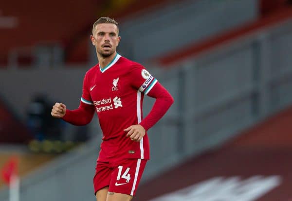 LIVERPOOL, ENGLAND - Saturday, September 12, 2020: Liverpool’s captain Jordan Henderson during the opening FA Premier League match between Liverpool FC and Leeds United FC at Anfield. The game was played behind closed doors due to the UK government’s social distancing laws during the Coronavirus COVID-19 Pandemic. Liverpool won 4-3. (Pic by David Rawcliffe/Propaganda)