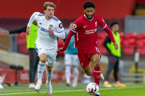 LIVERPOOL, ENGLAND - Saturday, September 12, 2020: Liverpool’s Joe Gomez (R) is pulled back by Leeds United's Patrick Bamford during the opening FA Premier League match between Liverpool FC and Leeds United FC at Anfield. The game was played behind closed doors due to the UK government’s social distancing laws during the Coronavirus COVID-19 Pandemic. Liverpool won 4-3. (Pic by David Rawcliffe/Propaganda)