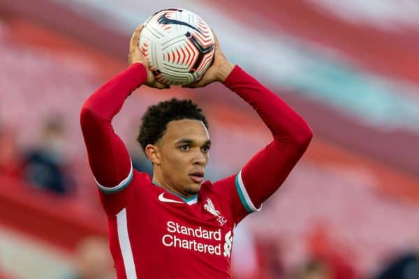 LIVERPOOL, ENGLAND - Saturday, September 12, 2020: Liverpool’s Trent Alexander-Arnold takes a throw-in during the opening FA Premier League match between Liverpool FC and Leeds United FC at Anfield. The game was played behind closed doors due to the UK government’s social distancing laws during the Coronavirus COVID-19 Pandemic. Liverpool won 4-3. (Pic by David Rawcliffe/Propaganda)