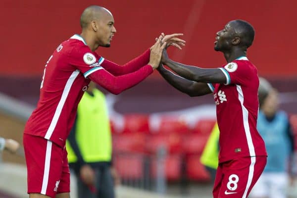 LIVERPOOL, ENGLAND - Saturday, September 12, 2020: Liverpool’s Naby Keita is replaced by substitute Fabio Henrique Tavares 'Fabinho' during the opening FA Premier League match between Liverpool FC and Leeds United FC at Anfield. The game was played behind closed doors due to the UK government’s social distancing laws during the Coronavirus COVID-19 Pandemic. Liverpool won 4-3. (Pic by David Rawcliffe/Propaganda)