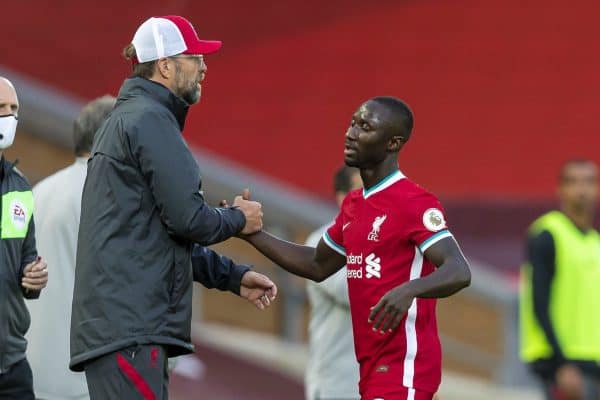 LIVERPOOL, ENGLAND - Saturday, September 12, 2020: Liverpool’s Naby Keita shakes hands with manager Jürgen Klopp as he is substituted during the opening FA Premier League match between Liverpool FC and Leeds United FC at Anfield. The game was played behind closed doors due to the UK government’s social distancing laws during the Coronavirus COVID-19 Pandemic. Liverpool won 4-3. (Pic by David Rawcliffe/Propaganda)